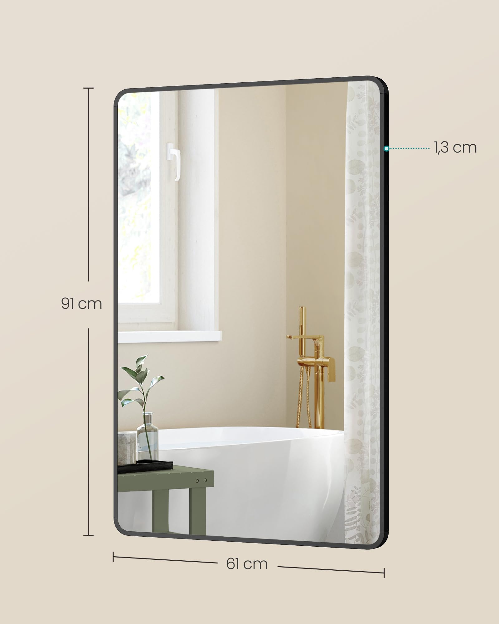 Espejo de pared, rectangular, 91 x 61 cm, con marco de aluminio, negro - 6