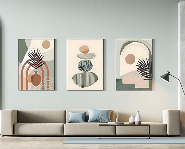 Cuadros decorativos modernos de estilo bohemio con plantas - Paisaje natural de playa - Arte abstracto (40 x 60 cm, 3 piezas)