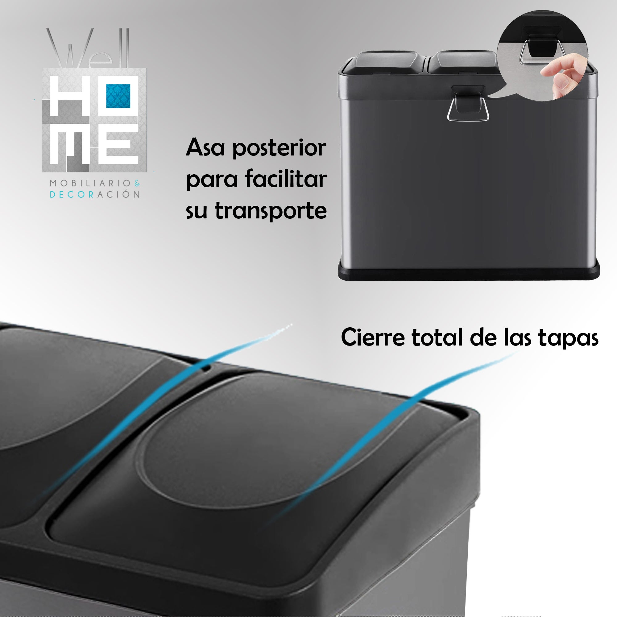 Cubo de reciclagem ecológica 45 litros de 3 compartimentos, cubos de reciclagem / reciclagem de lixo, grande capacidade, papel, vidro e plástico - 4