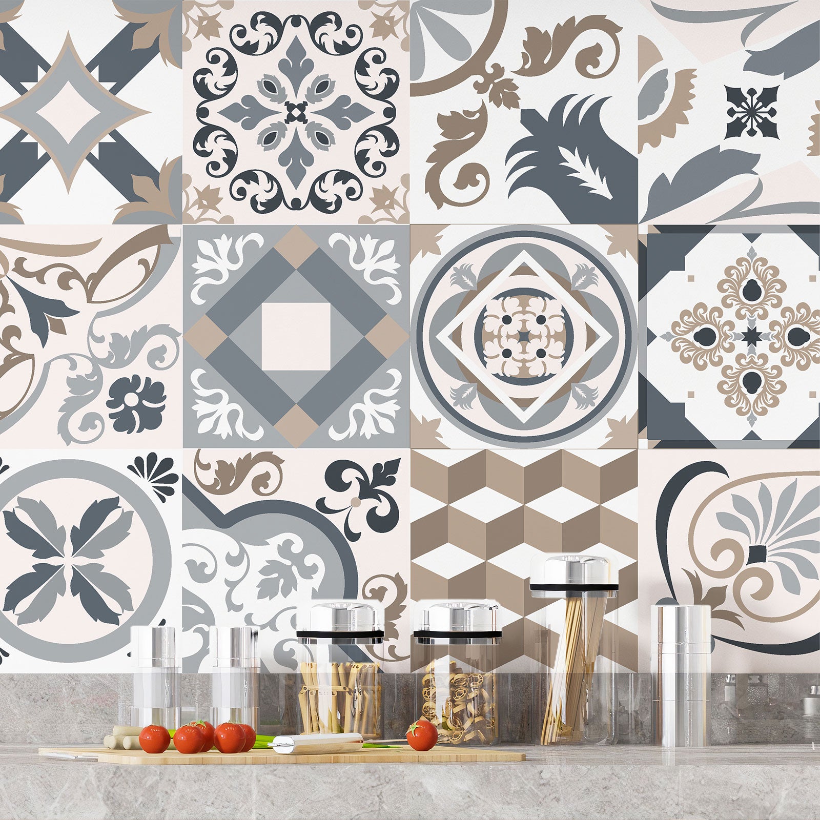 Crédence adhésive sticker décoratif pour cuisine - Effet carreaux de ciment - Adhésif MAT - 60x120 cm - 4