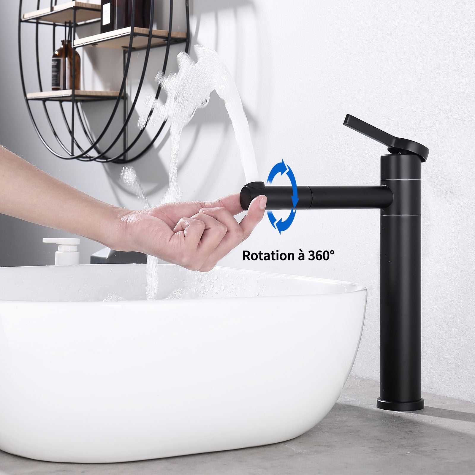 Mitigeur de Lavabo Noir Haut Bec Robinet de Salle de Bain Pivotant 360° Robinetterie de Lavabo pour Vasque en Acier Inox - 4