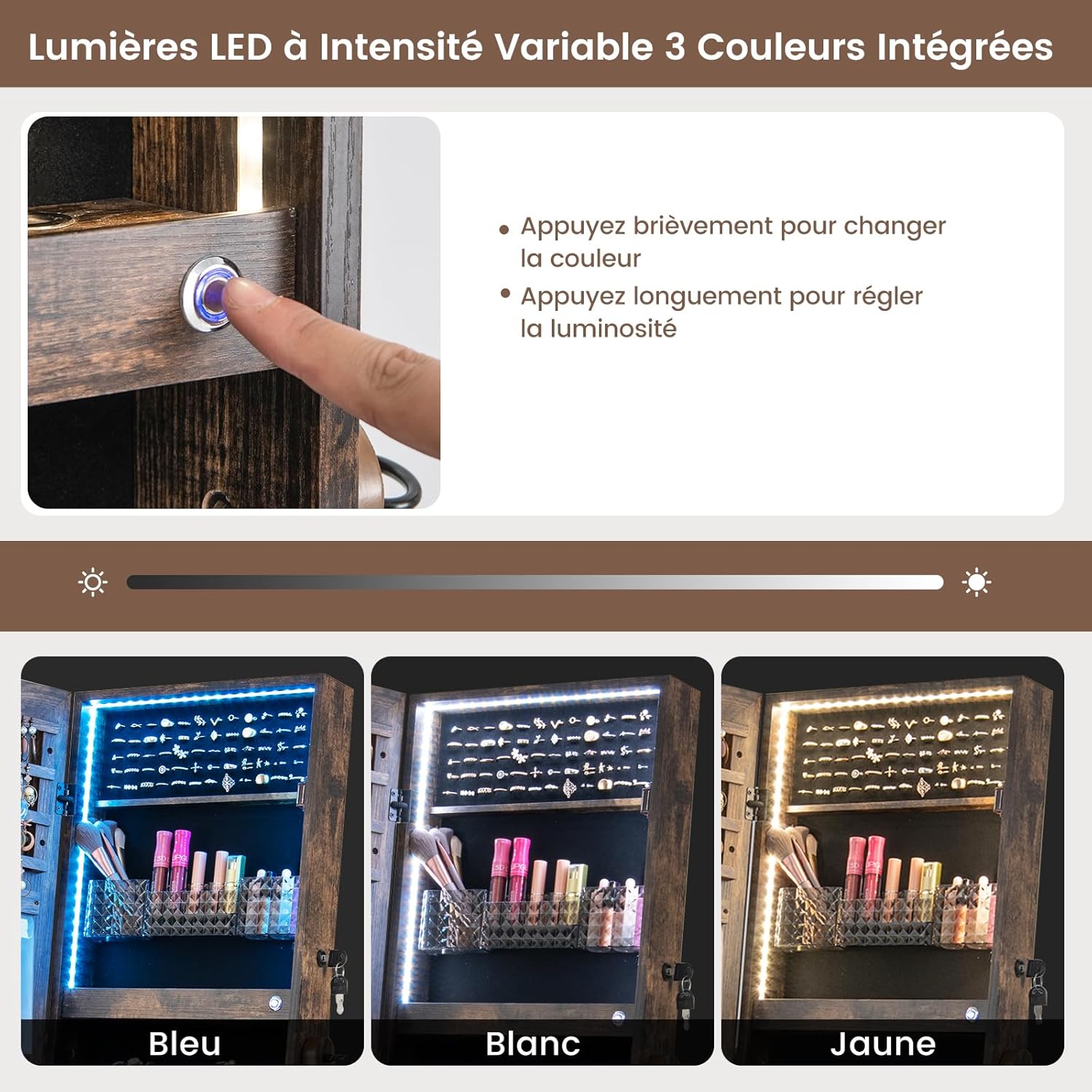 Armoire à Bijoux avec Miroir, Armoire de Rangement sur Pied pour Boucles d'Oreilles, Organisateur de Bijoux Verrouillable avec Lumières(Marron) - 5