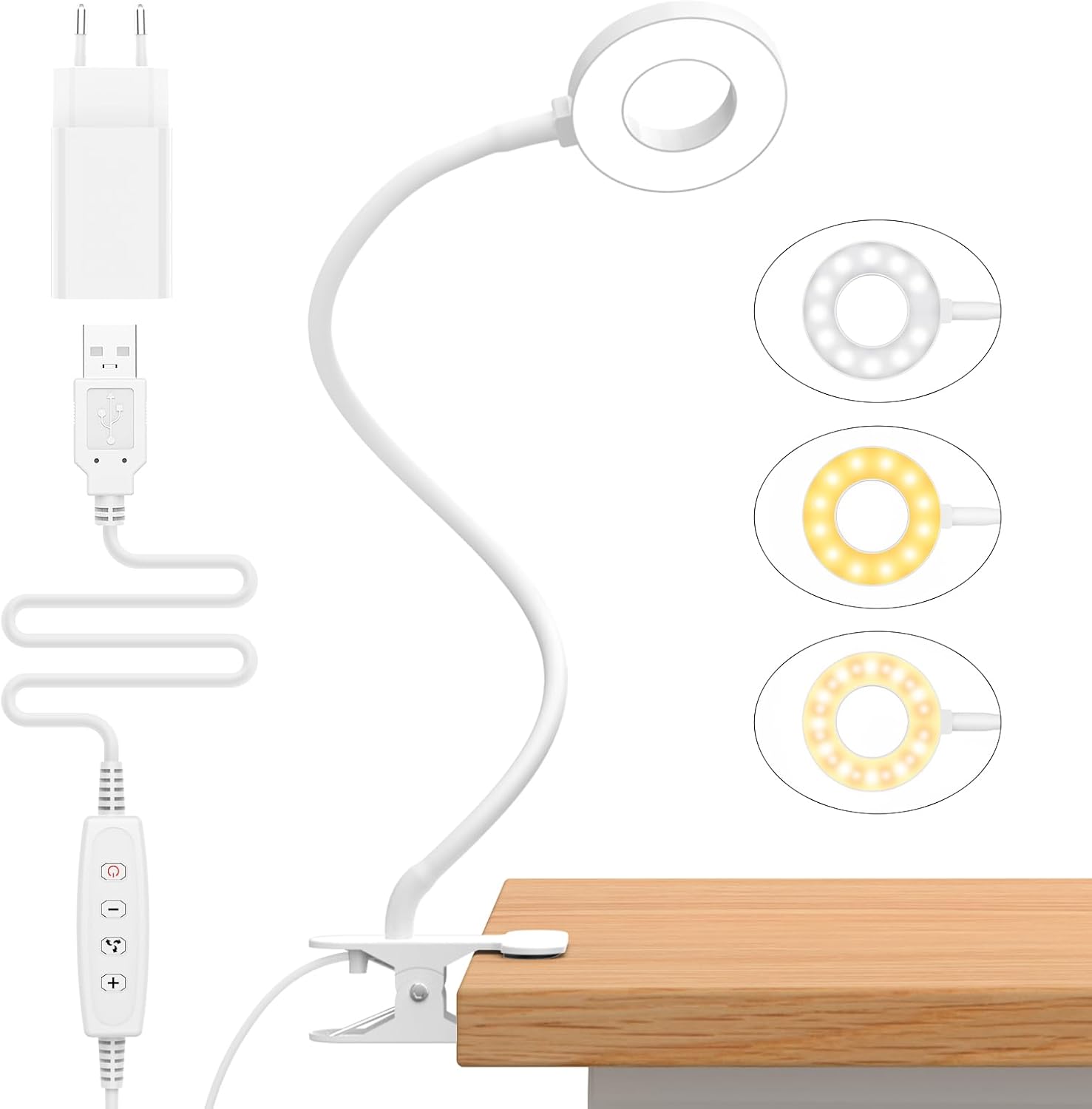 Lampă de citit cu clips LATIO 10W cu adaptor USB [3 moduri de iluminare și 10 niveluri de luminozitate], flexibilă, cu clips