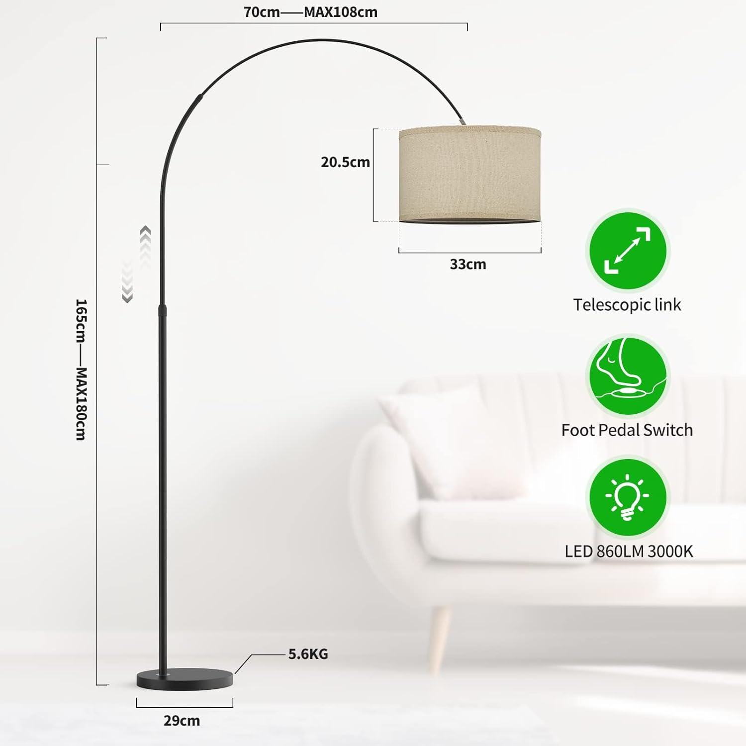 Lampadaire Arc 165-180 cm, Lumière Douce 3000K, LED E27 9W Incluse, Abat-Jour en Lin Beige, Éclairage Chaleureux pour Salon, Chambre, Bureau - 2