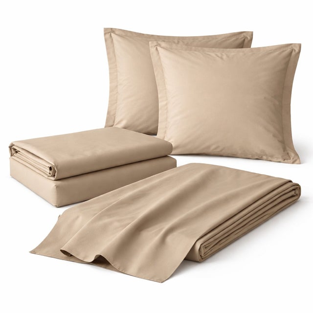 Parure de draps 4 Pièces en coton 57 fils 160 x 200 cm Sable – Drap-Housse, Drap Plat et 2 Taies d’Oreiller