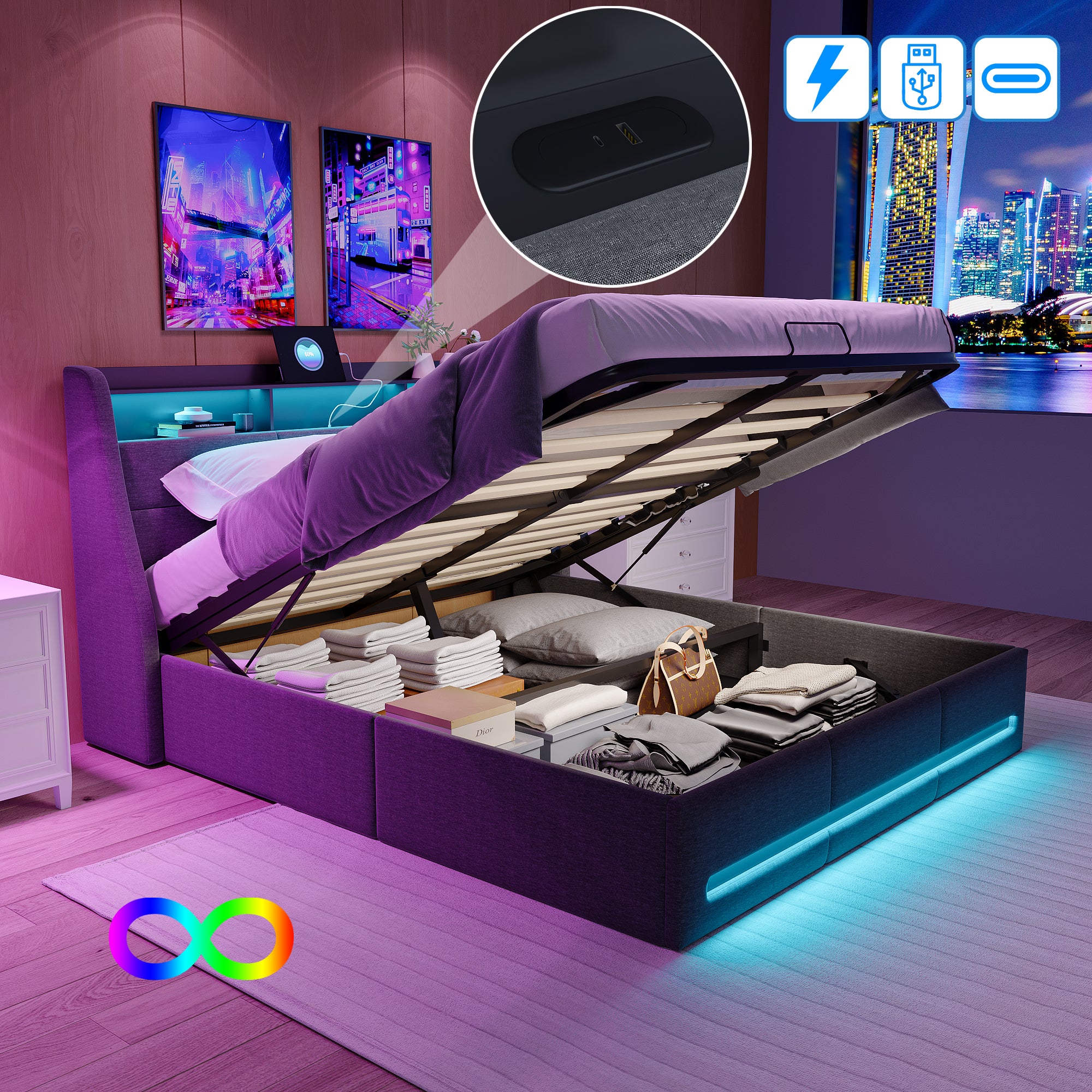 Cama doble de 140x190 cm en lino gris con almacenamiento hidráulico, cabecero con puertos USB y tiras de luces LED RGB. - 7