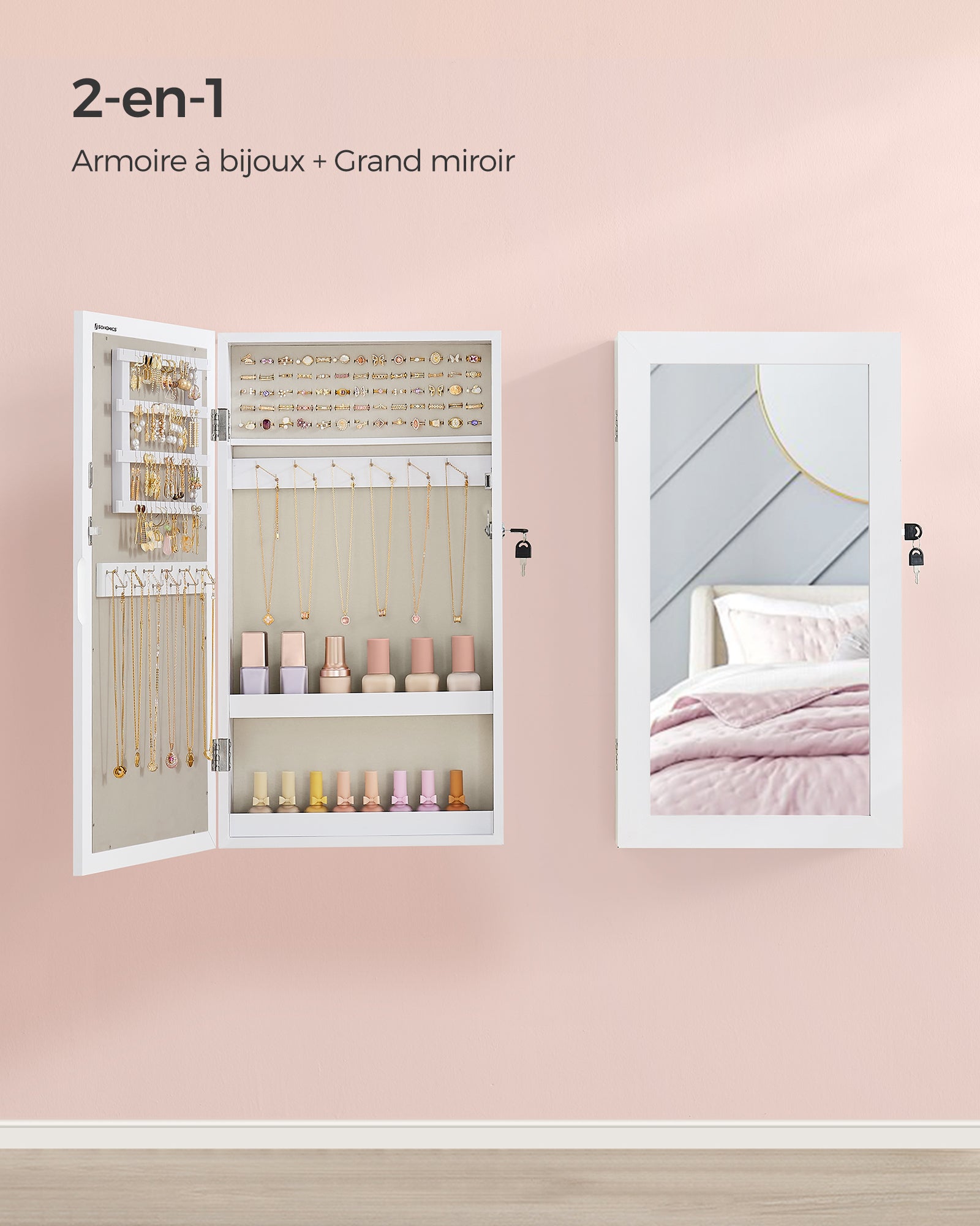 Armoire à Bijoux Murale, Organisateur de Bijoux, Rangement, Verrouillable, avec Miroir, Peu Encombrant, Surface en Blanc et Doublure en Grège - 3