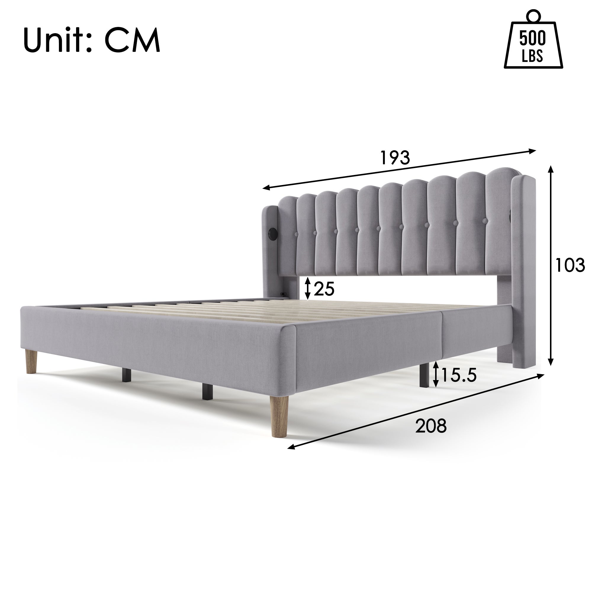 Lit double 180x200 cm tête de lit rembourrée avec chargement USB Type-C sommier en lin gris (sans matelas) - 3
