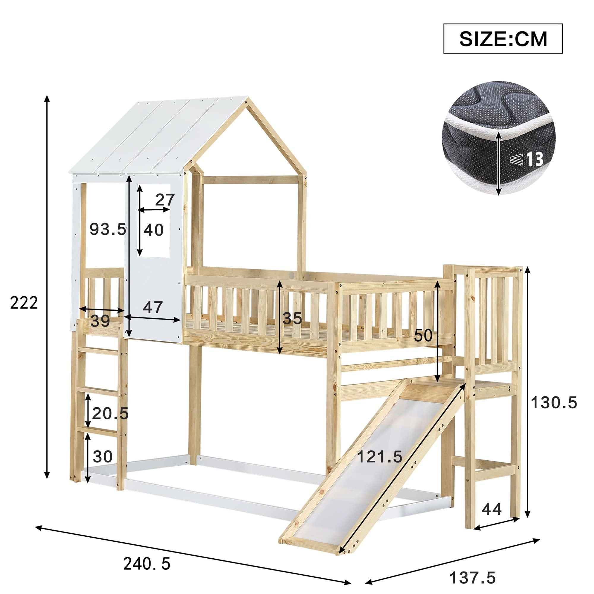 Lit cabane enfants 90 x 200 cm avec toboggan, lit superposé enfant, lit Mezzanine 2 Places avec Fenêtre et Garde-Corps - Pin - Naturel - 4
