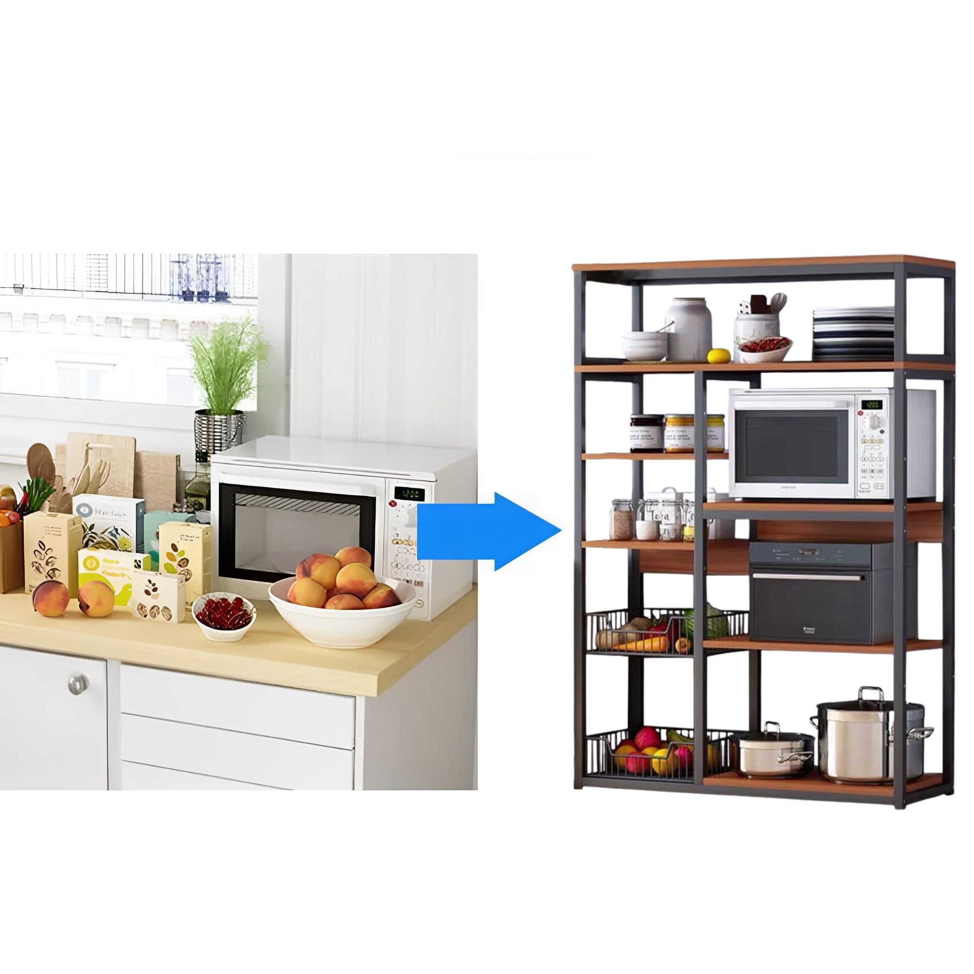 Etagère de cuisine, étagère pour micro-ondes, étagère ouverte 2 grilles et plusieurs étagères 80x30x142cm, couleur noir et bois - 4