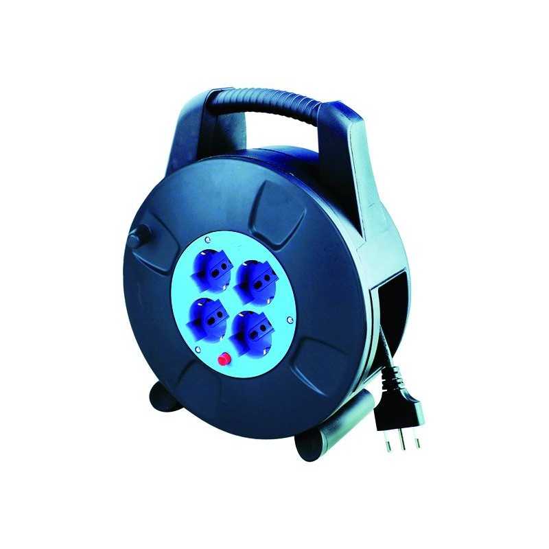 Enrouleur Câble Professionnel 40 M 3G2.5 – 4 Prises IP44 Anti-Torsion, Protection Thermique, Intérieur/Extérieur, Gris/Noir Perel