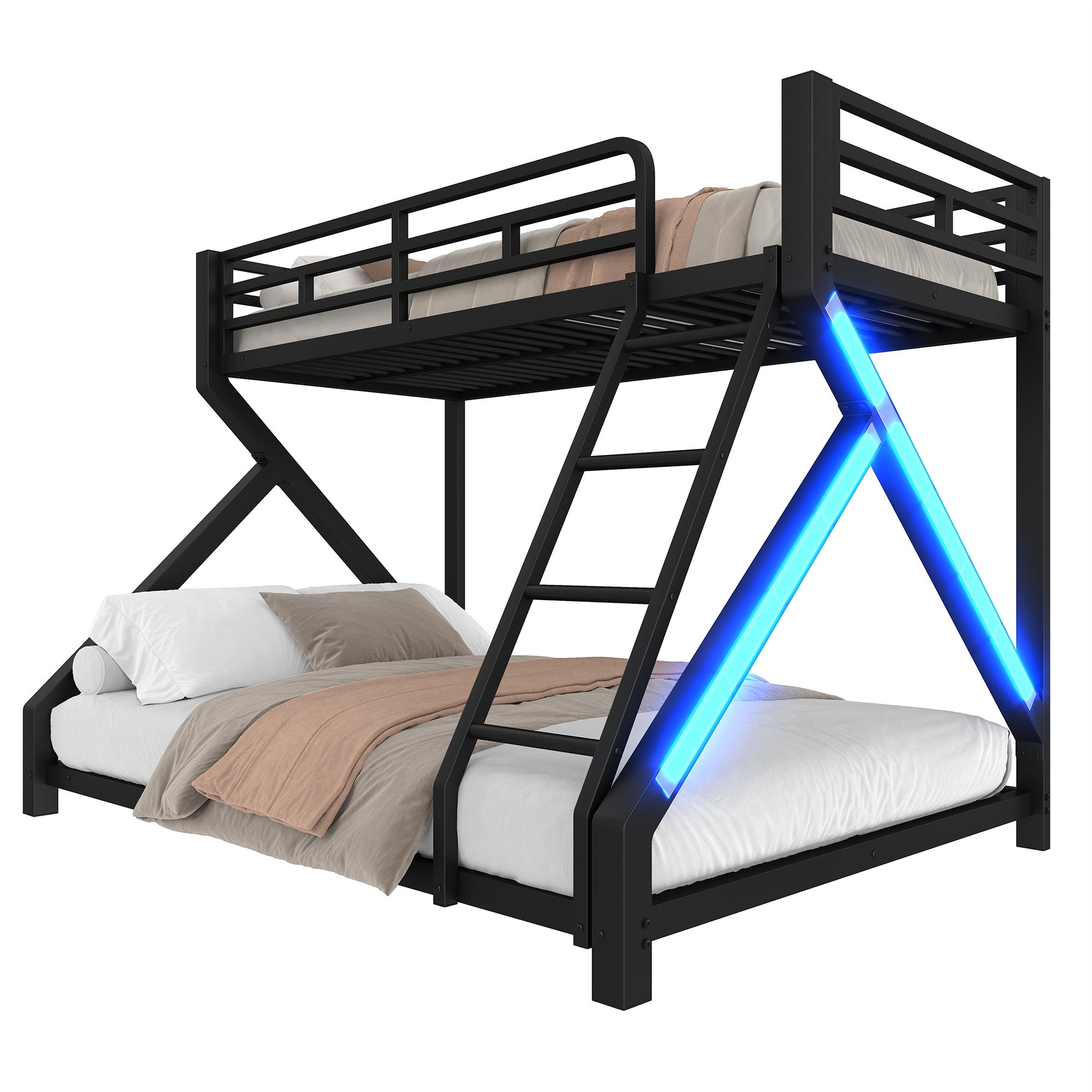 Lit superposé évolutif 90x200 / 140x200 avec LED et sécurité renforcée - Structure métal, garde-corps et échelle - Noir (sans matelas) - 4