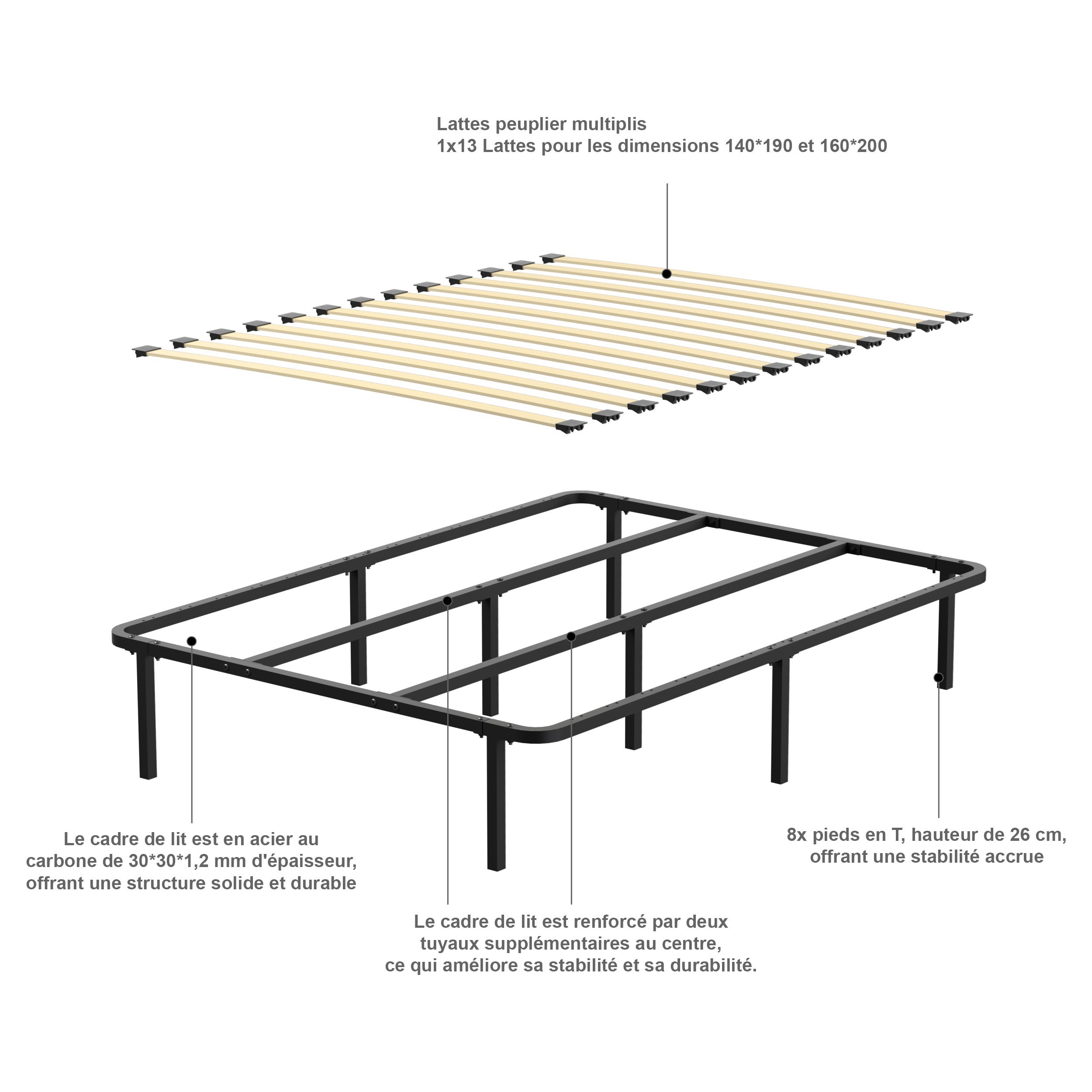 DEWINNER Cadre de lit 140 x 190 cm, hauteur 29cm, équipé de 8 pieds. - 7