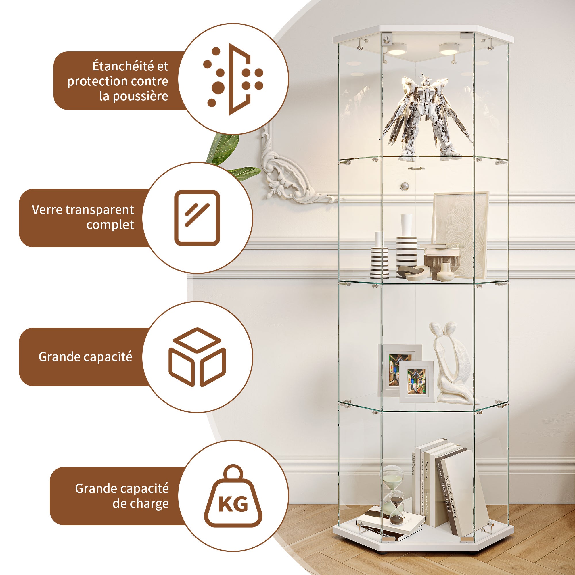 Vitrine en Verre, Vitrine pour collection Transparent en verre 4 Couches avec 1 Porte, LED Vitrine, pour salon et chambre à coucher,cinq angles - 7