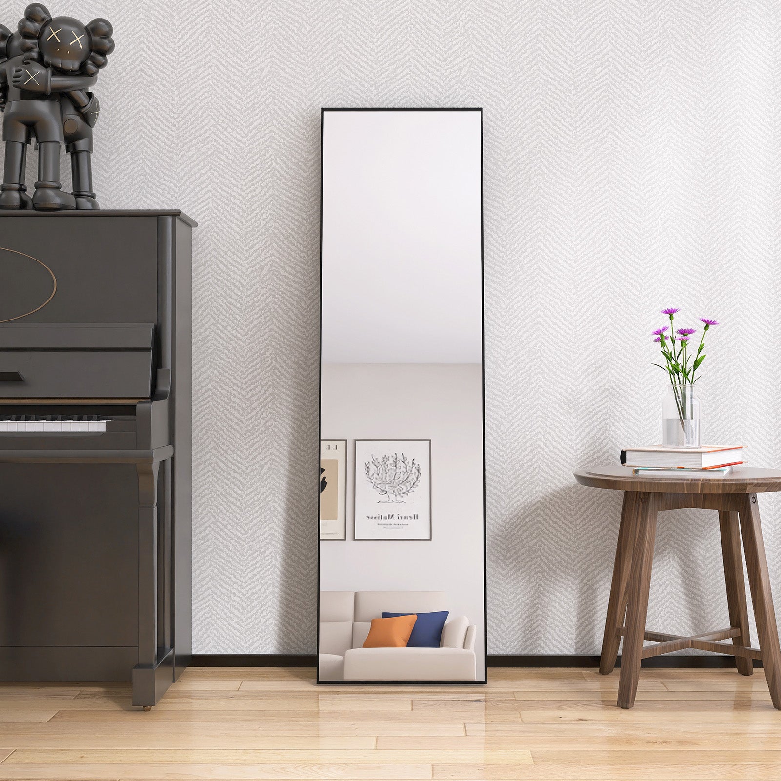 Specchio da terra 140x40 cm, cornice in alluminio nero, specchio da parete moderno da appoggiare o appendere - 4