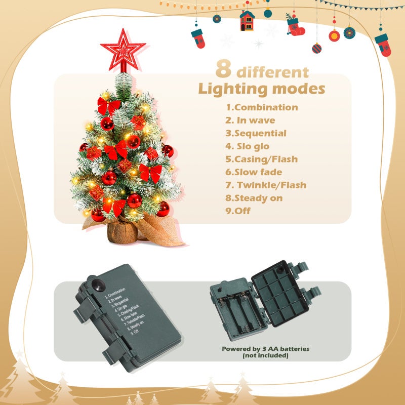 40 cm choinka stołowa, miniaturowe sztuczne choinki ze światłem, czubkiem i ozdobami choinkowymi, ozdoby świąteczne, kolor czerwony - 4