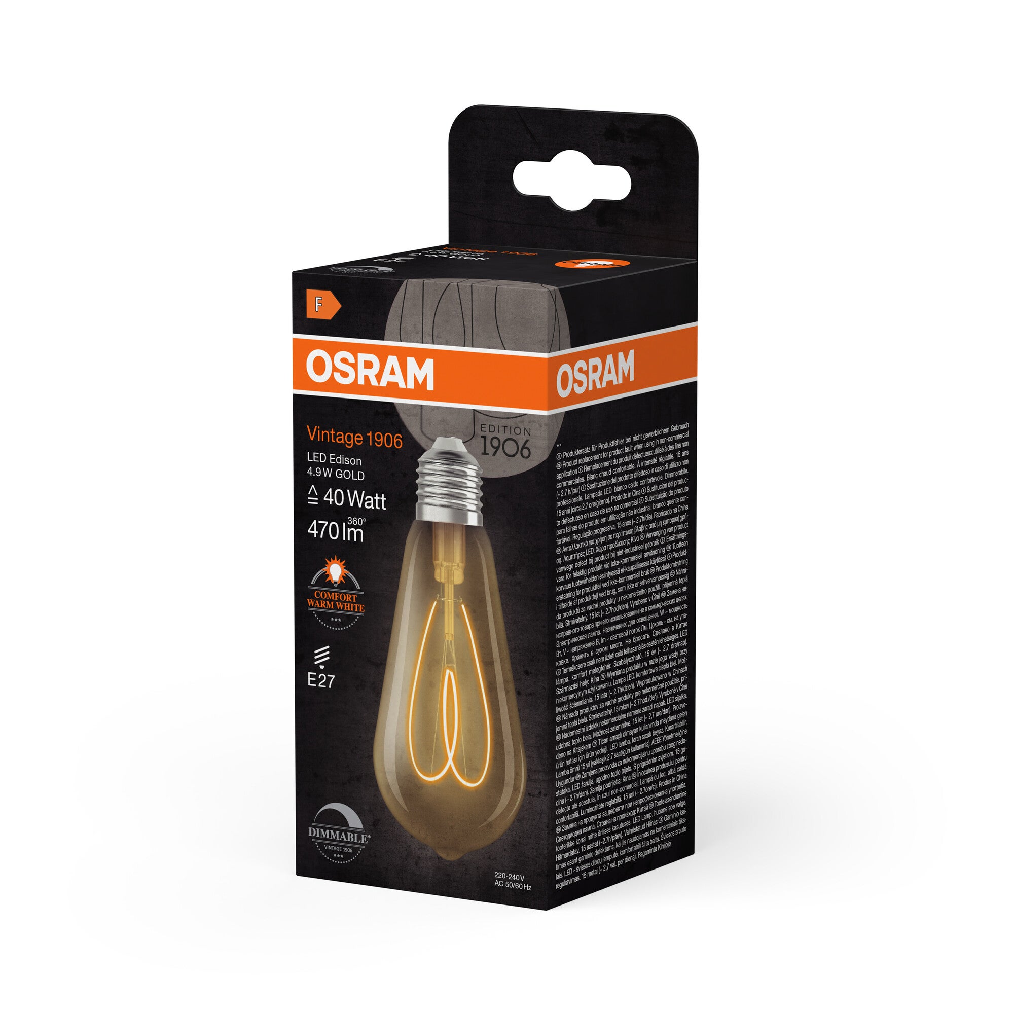 OSRAM Vintage 1906 Edison est une blanc chaud à intensité variaben forme d'ampouEdison avec filament. Il offre 4,9 W pour 470 lm,E27, verre doré, - 2