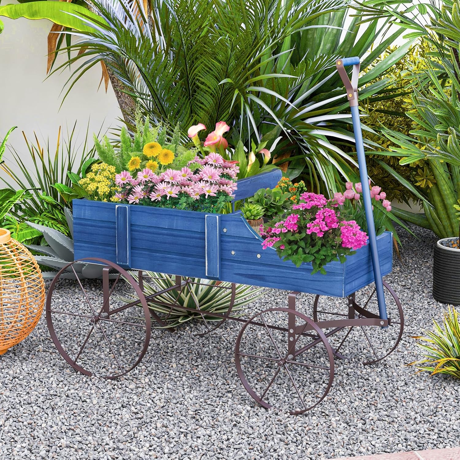 Jardinière Forme Brouette, Brouette Décorative en Bois avec 4 Roues en Métal, 2 Bac de Plantation Séparés avec Trous de Drainage, 35×62,5×60cm (Bleu) - 2