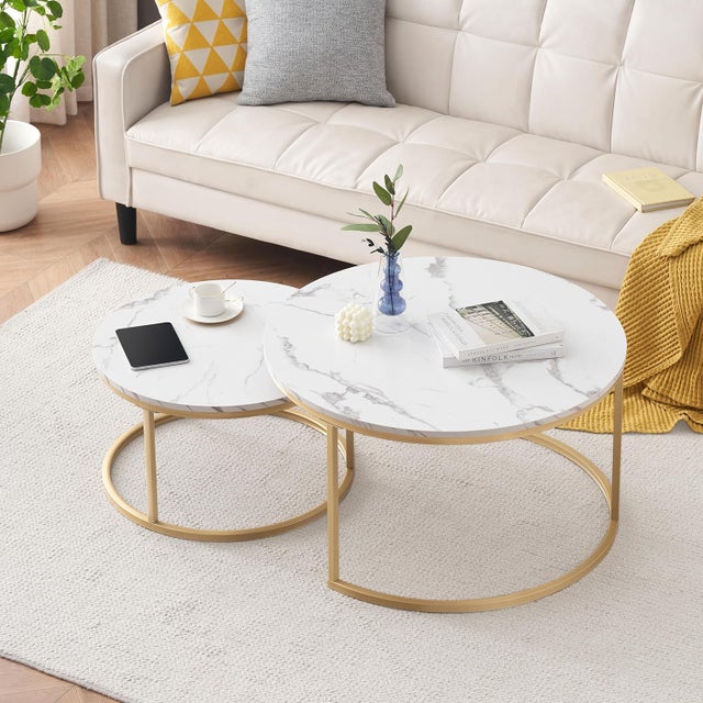 Table basse gigogne ronde, lot de 2, table basse gigogne blanche, cadre en métal doré, placage de marbre