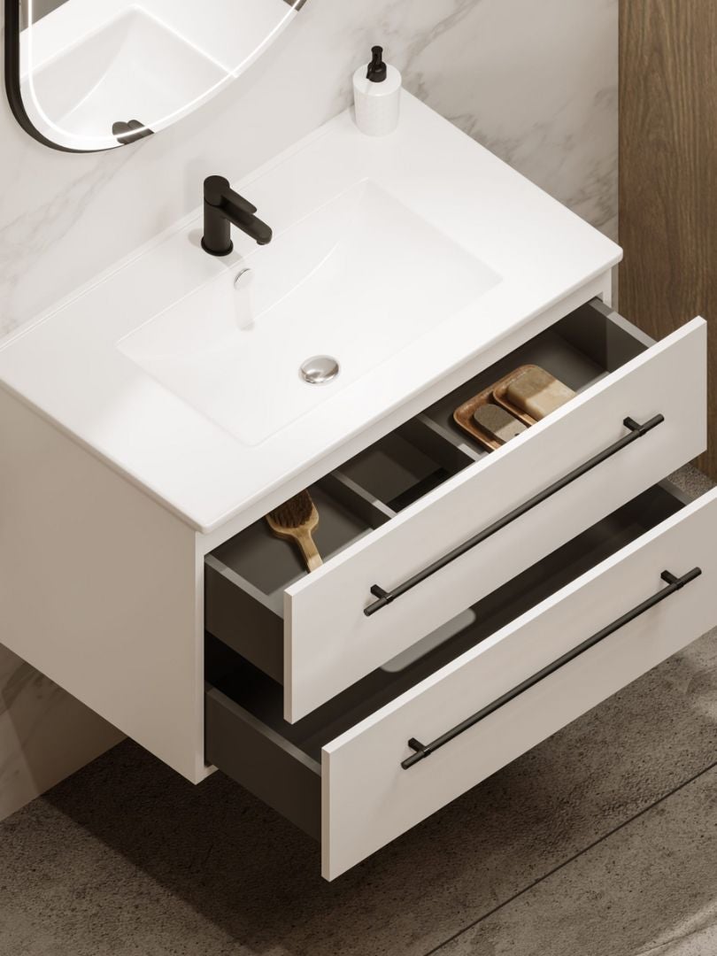 Zestaw szafka łazienkowa z umywalką ceramiczną Uptrend NAVA 80, Biały Mat - uchwyt czarny mat 1 kpl. - 3