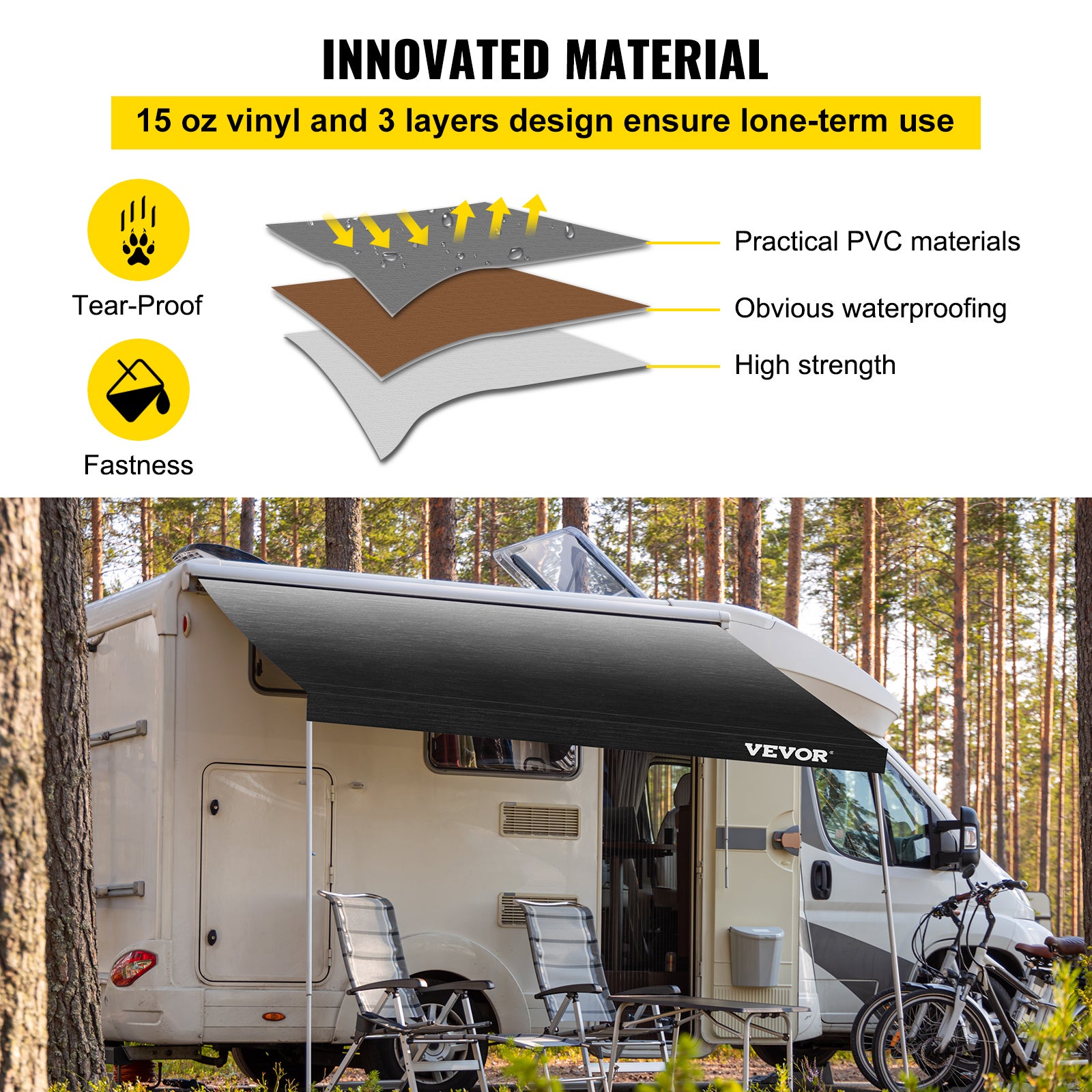 Toldo de caravana VEVOR 5,24 x 2,4 m,lona acampamento ao ar livre cor gradiente carvão,tecido substituição de vinil 425g para toldo de autocaravana - 3