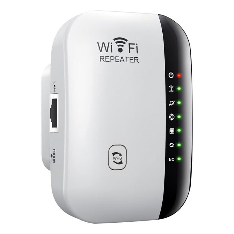 Wzmacniacz sygnału Wi-Fi z wtyczką, 300 Mb/s, 2,4 GHz z WPS, zasięg do 3000 m², podłącza 30 urządzeń, kabel Ethernet w zestawie (biały)