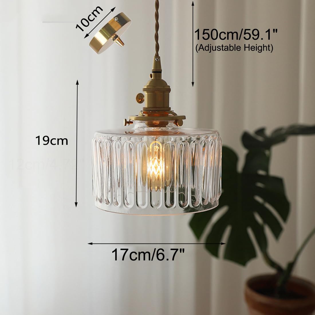 Przezroczyste, prążkowane szklane żyrandole, nordycki design, regulowana wysokość, Ø 17 cm, bez żarówki, idealne do sypialni lub salonu - 2