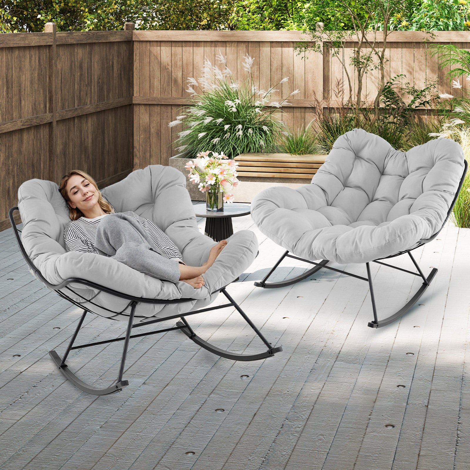 Fauteuil à Bascule Forme Œuf Intérieur & Extérieur, Chaise Papasan Surdimensionnée avec Coussin Rembourré, Cadre en Métal, , Charge 205 kg, Gris Clair - 2