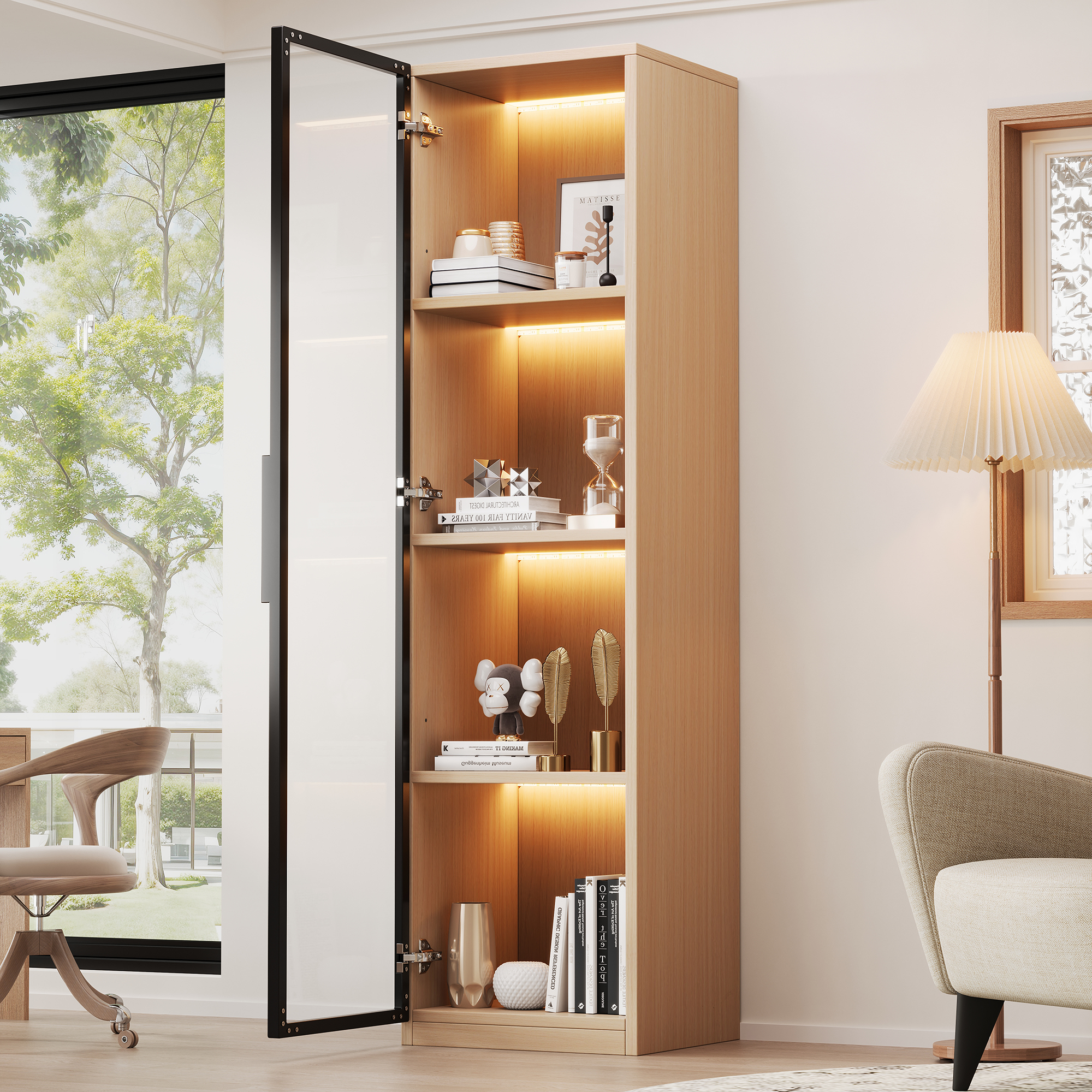 Wąska witryna z 1 drzwiami szklanymi, wysoka komoda - 40 x 40 x 165 cm - diody LED - płyta MDF - dąb
