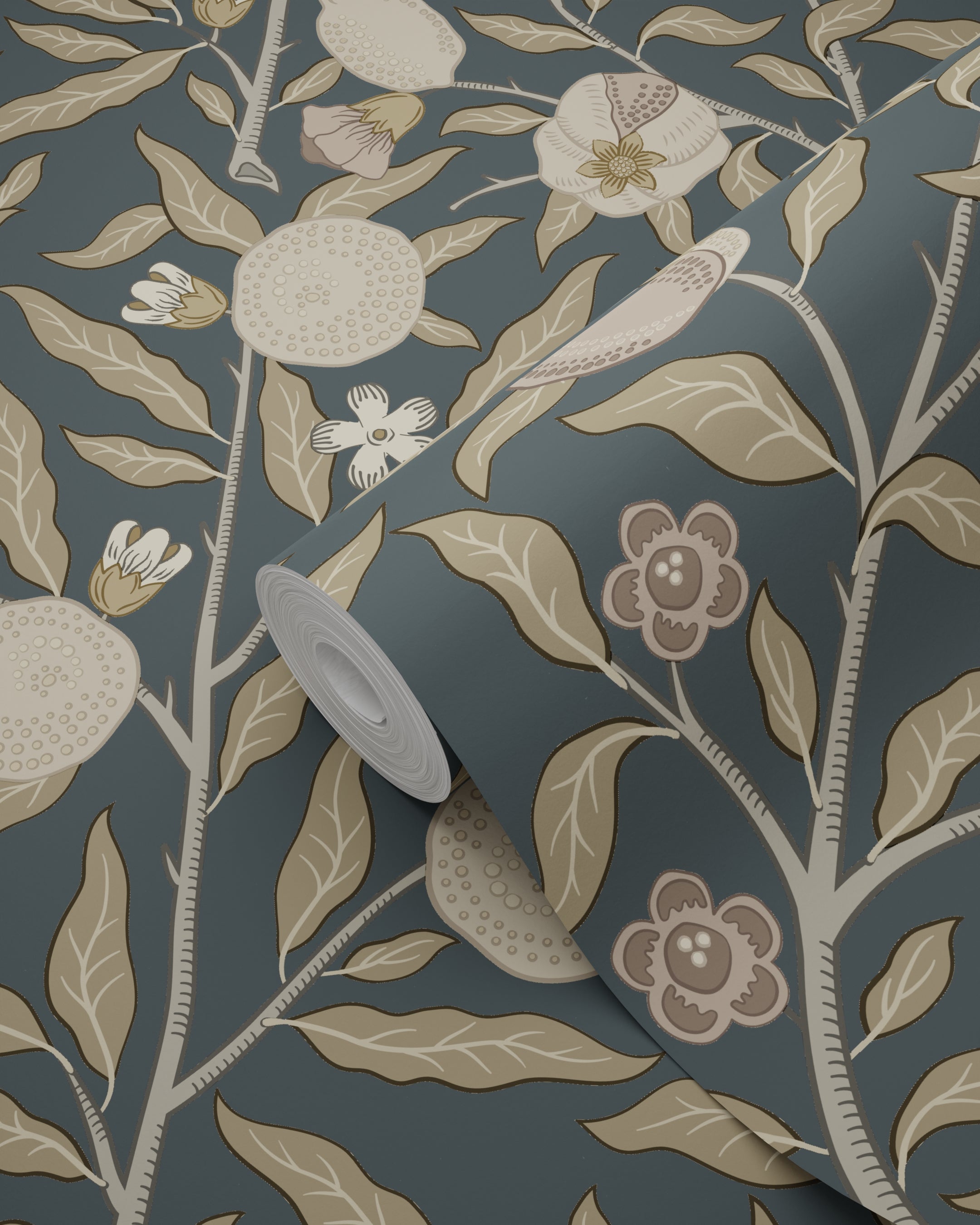Papier peint des fruits et des feuilles exotiques bleu foncé et taupe - 50 x 900 cm - ESTAhome - 8