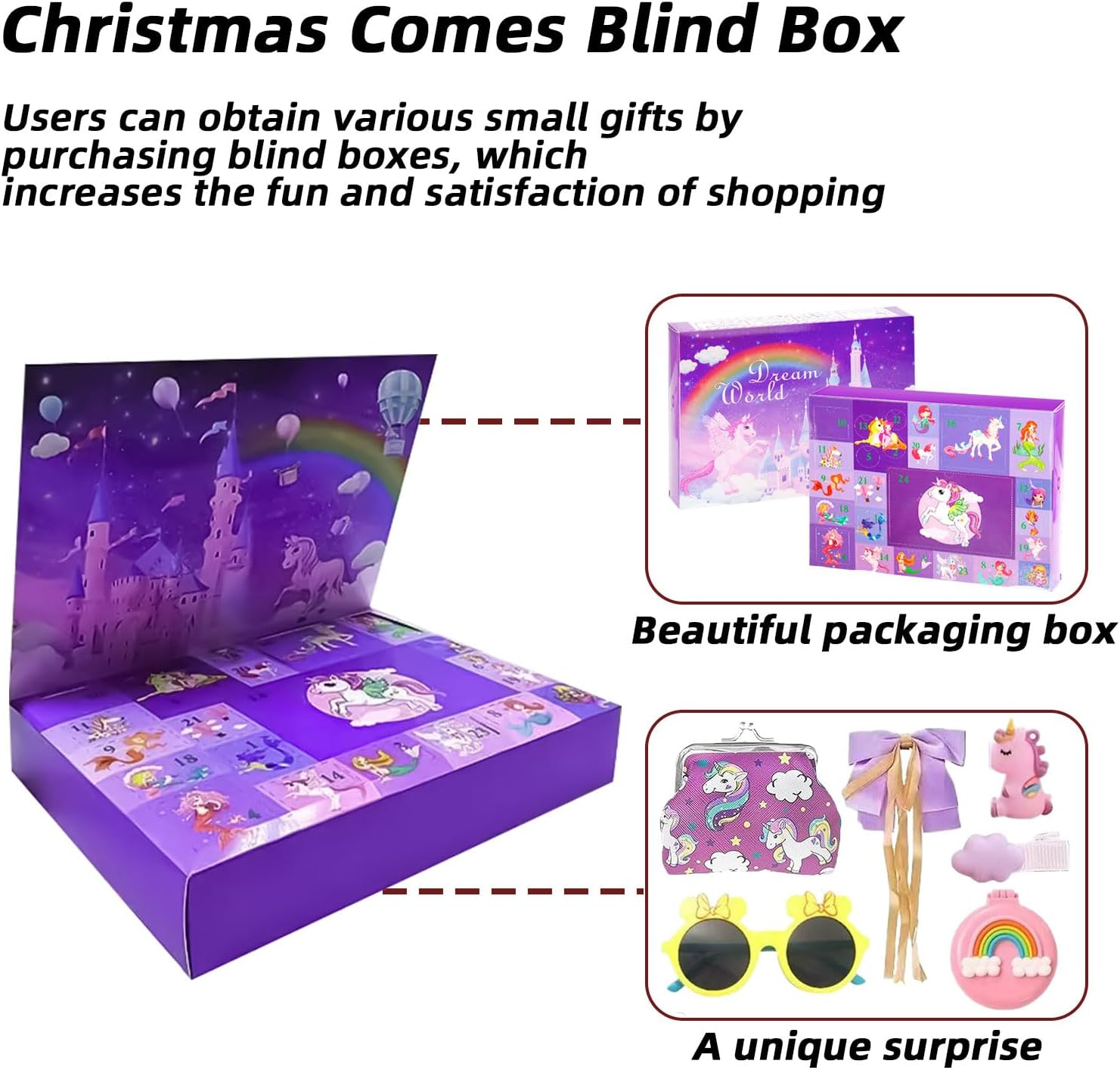 Kalendarz adwentowy na Boże Narodzenie, 24-dniowe odliczanie z dodatkami w kształcie jednorożca, świąteczny prezent-niespodzianka (24 sztuki) - 3