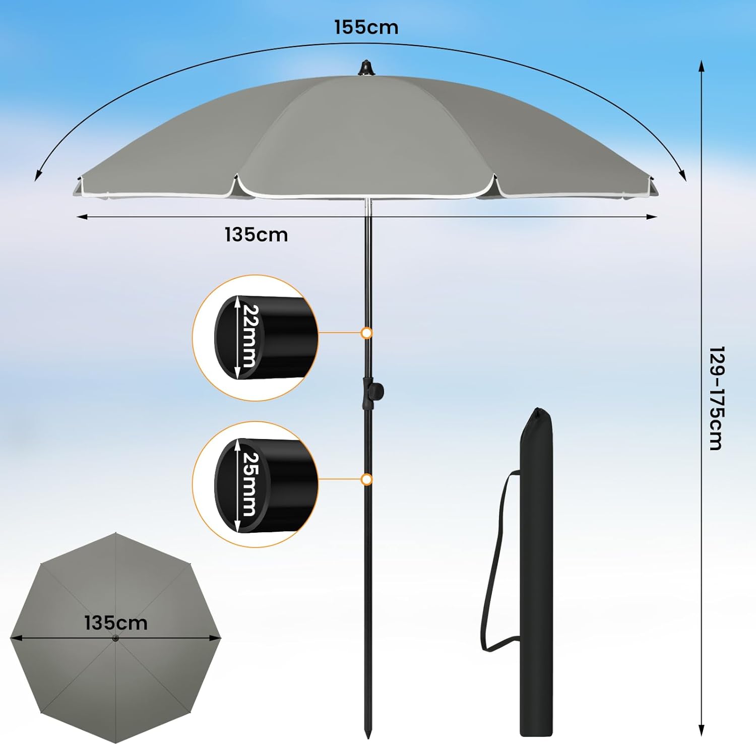 WOLTU Parasol de Jardin Extérieur, Parasol Plage, Hauteur Réglable, Parasol pour Balcon, Terrasse, Plage, Marché, Anti-UV, φ 155 cm Gris Foncé - 5