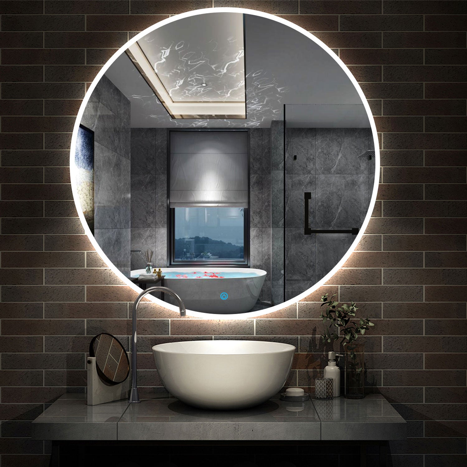 SPECCHIO DA BAGNO ROTONDO CON LED 90 X 90 CM, ANTIAPPANNAMENTO, INTERRUTTORE A SFIORAMENTO(RETROILLUMINATO
