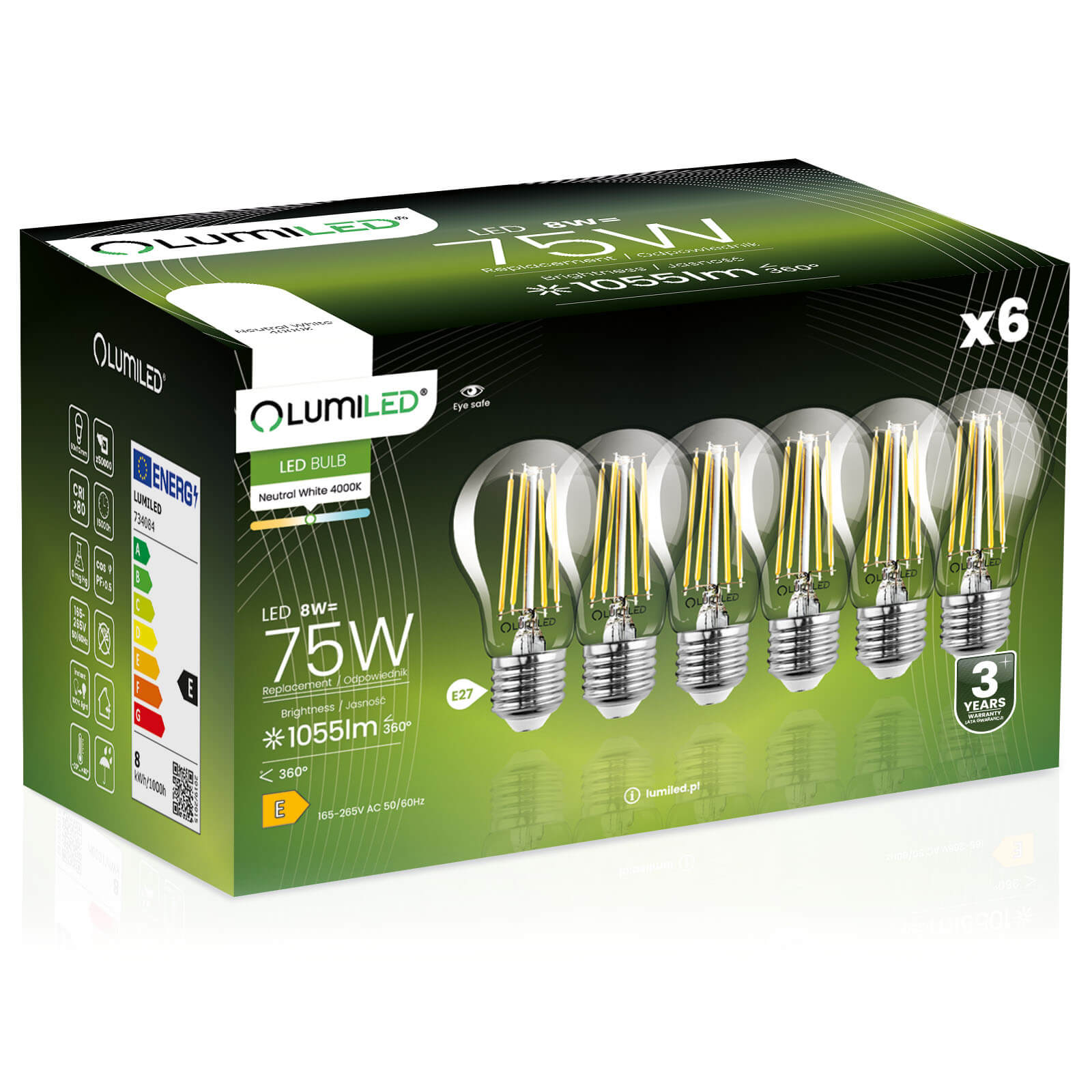6x Żarówka Lumiled LED E27 A60 8W = 75W 1055lm 4000K Neutralna 360st Filament