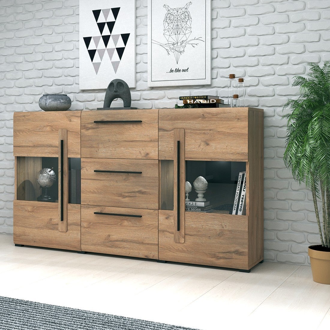 Buffet 180cm collection BREDA deux portes partiellement vitrées et trois tiroirs. Coloris Chêne - 2