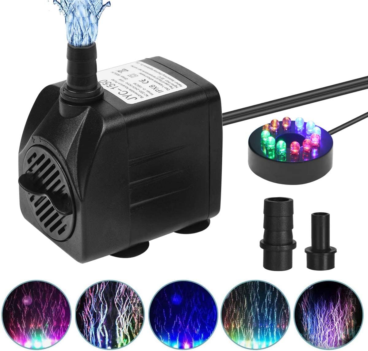 Pompa zanurzeniowa do akwarium o mocy 15 W z 12 regulowanymi kolorowymi diodami LED, wyjątkowo cichą pracą, 4 przyssawkami, 2 dyszami i kablem o dług
