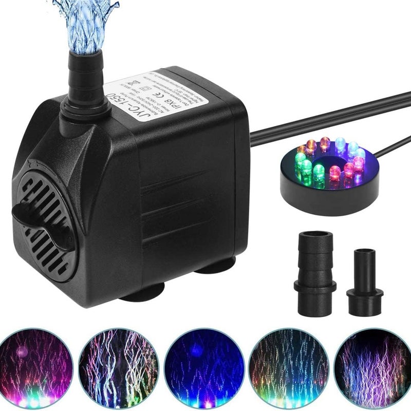 Pompa zanurzeniowa do akwarium o mocy 15 W z 12 regulowanymi kolorowymi diodami LED, wyjątkowo cichą pracą, 4 przyssawkami, 2 dyszami i kablem o dług