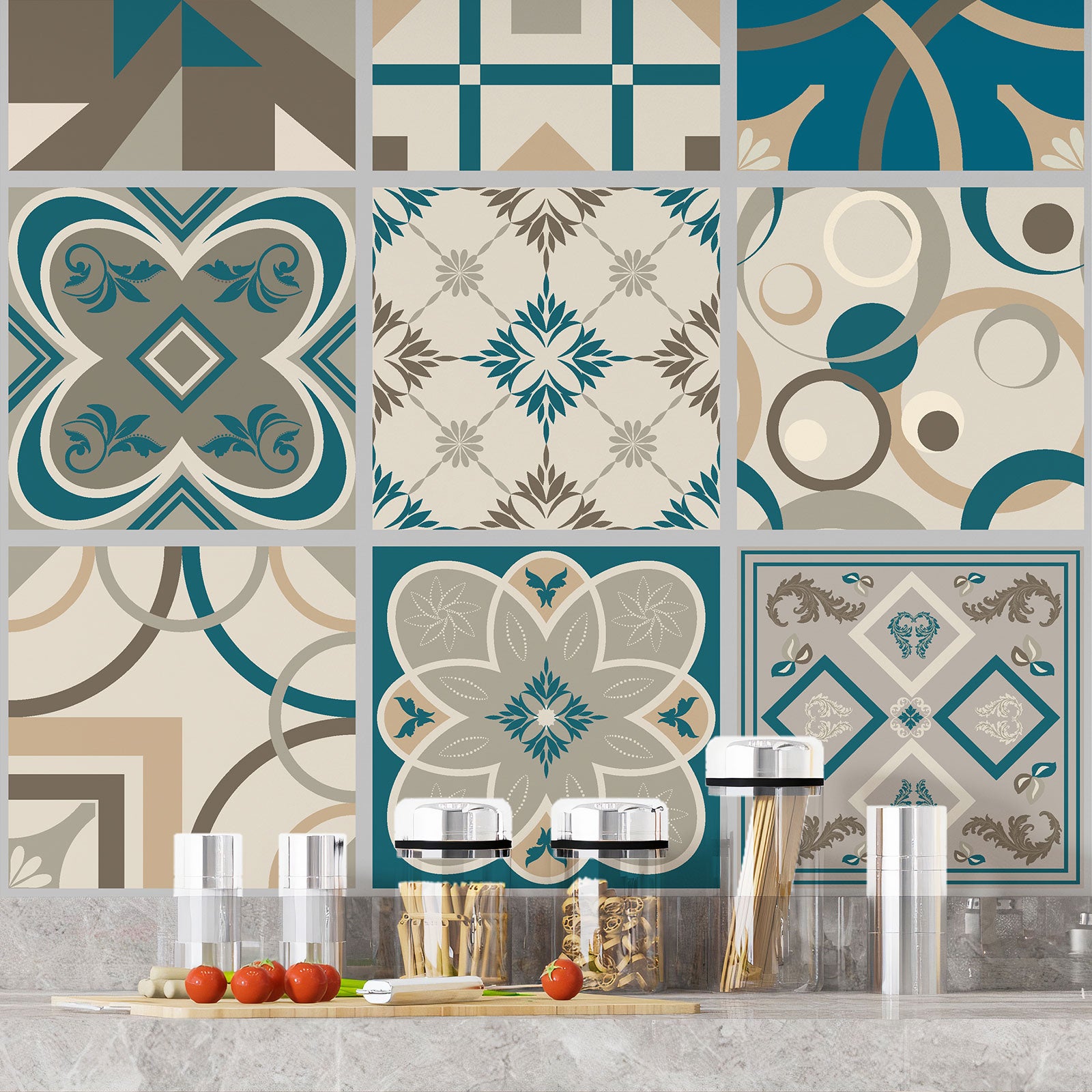 Crédence adhésive sticker décoratif pour cuisine - Effet carreaux de ciment - Adhésif MAT - 60x60 cm - 4