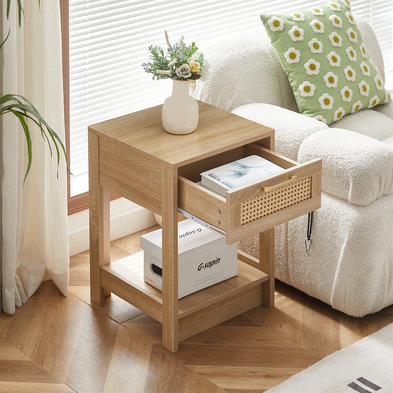 Table de Chevet Moderne avec Tiroirs, Rotin, Table d'appoint, Idéale pour le Salon et la Chambre, Couleur Bois Naturel - 40 x 40 x 50 cm - 2
