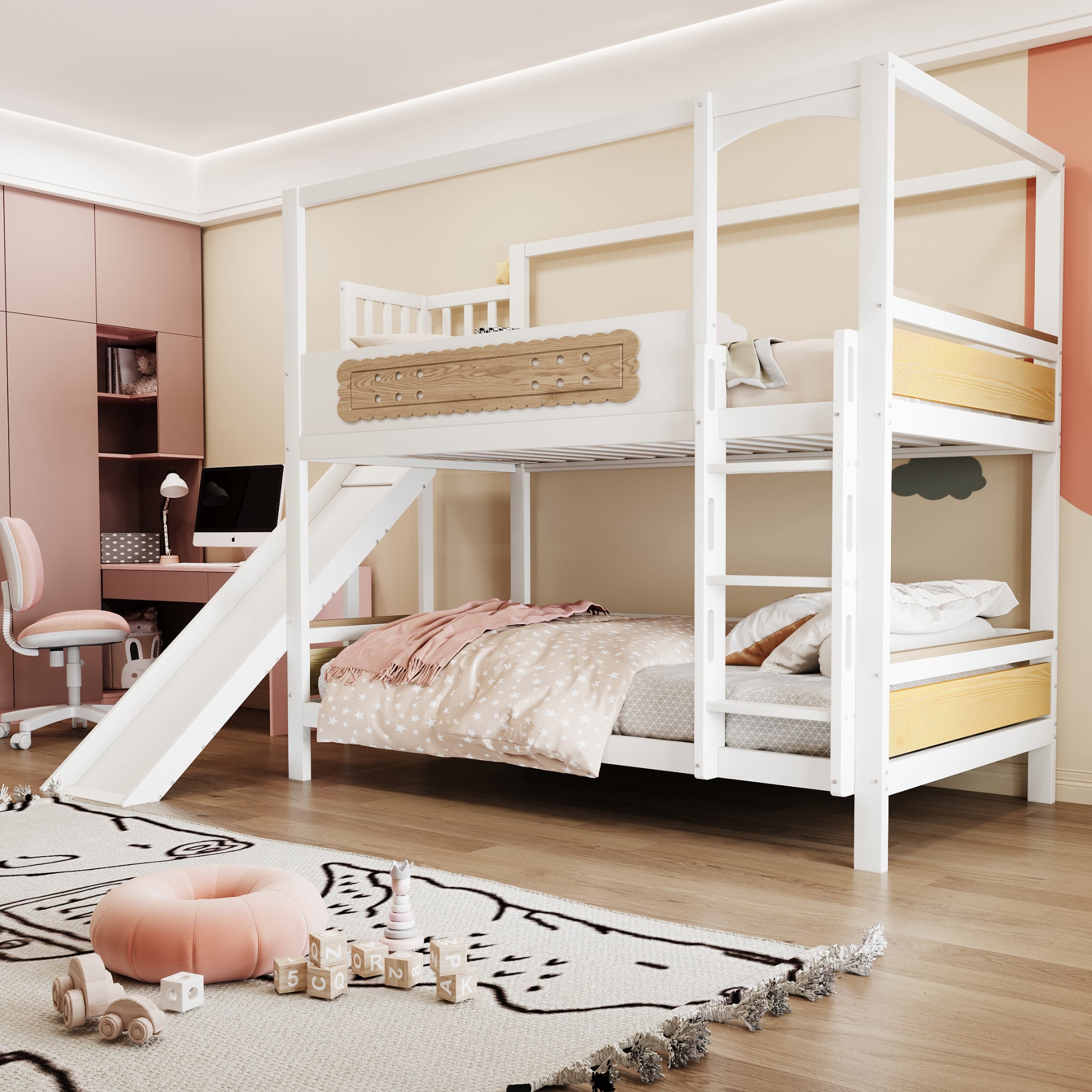 Łóżka piętrowe 2 x 90 x 200 cm z barierkami i zjeżdżalnią - Sosna + sklejka + MDF - Białe (Materace nie są wliczone w cenę)