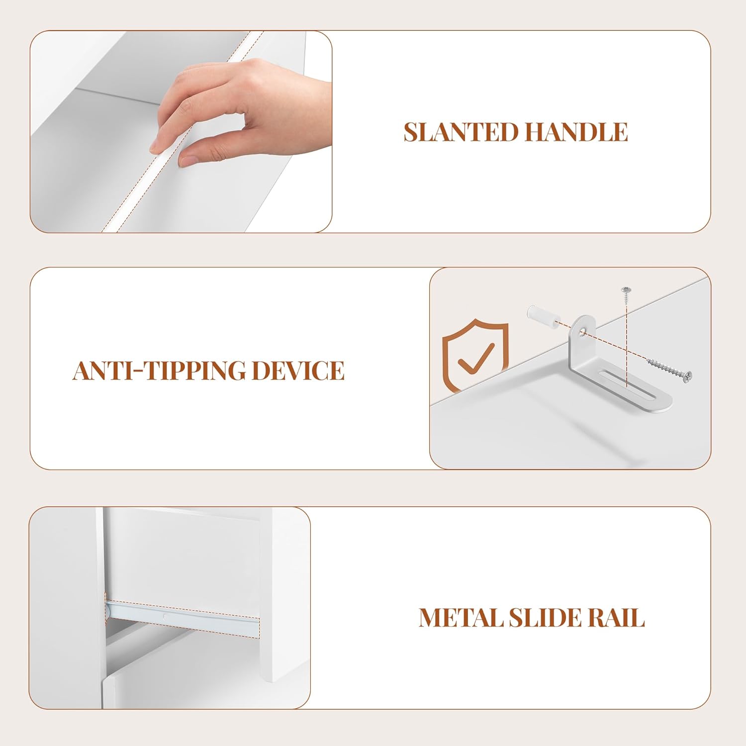 Mobile Sottolavabo per Bagno, Mobile Bagno Sottolavabo con 3 Cassetti, per Lavabo Senza Rialzo, Convient pour Bagnetto, Moderno, Bianco - 5