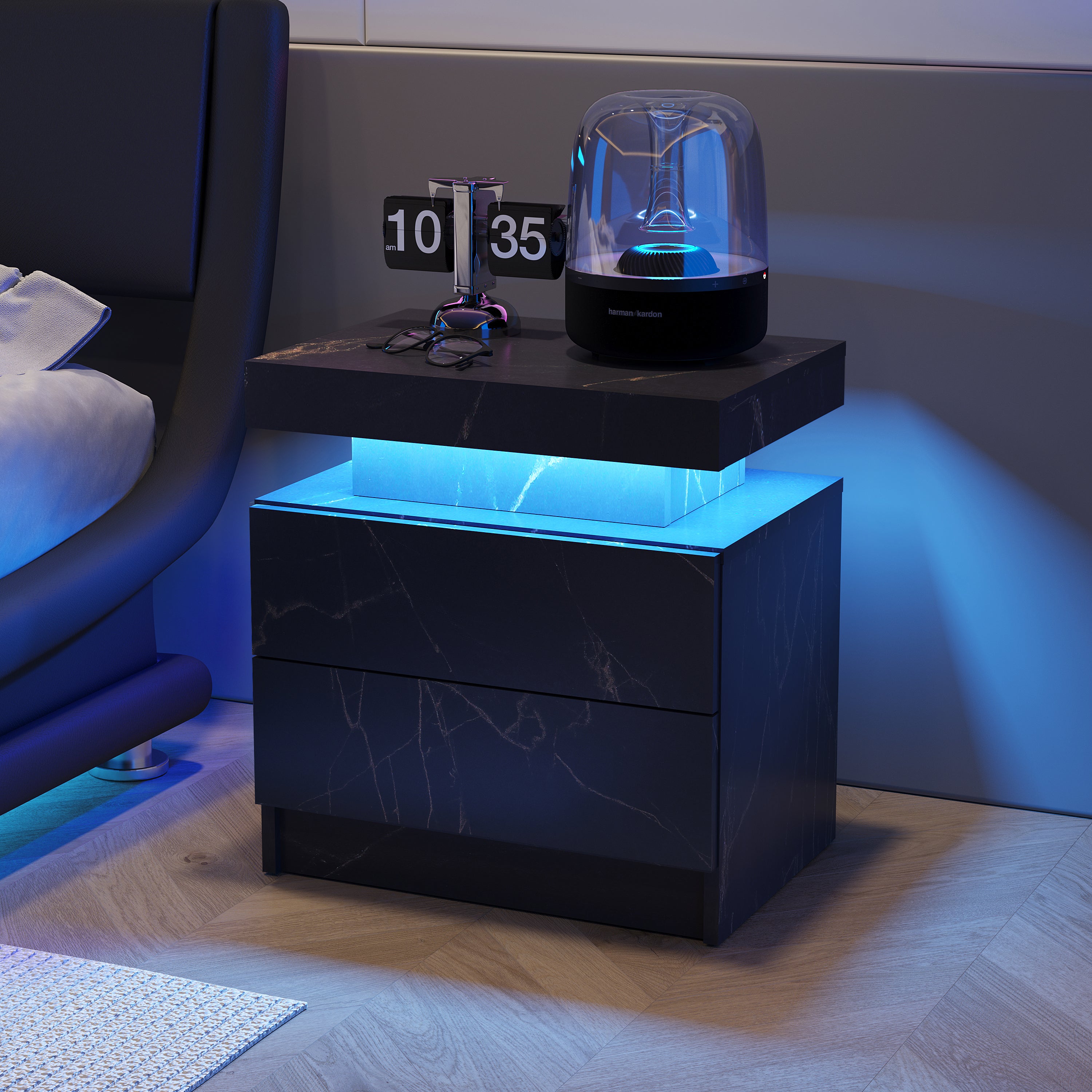 HOMMPA Comodino LED Moderno Grigio Opaco Con Luci RGB E 2 Cassetti, Tavolino Da Letto Intelligente 52cm - 4