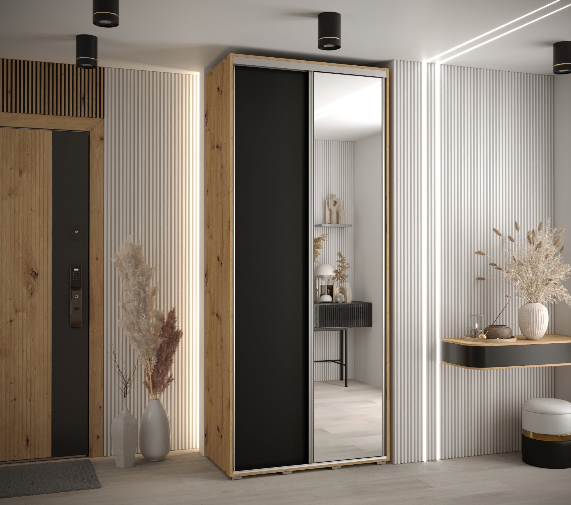 Szafa przesuwna z lustrem wysoka Davos 3 120 x 60 x 235,2 cm artisan + czarmy + u. srebrny - Abiks Meble - 2