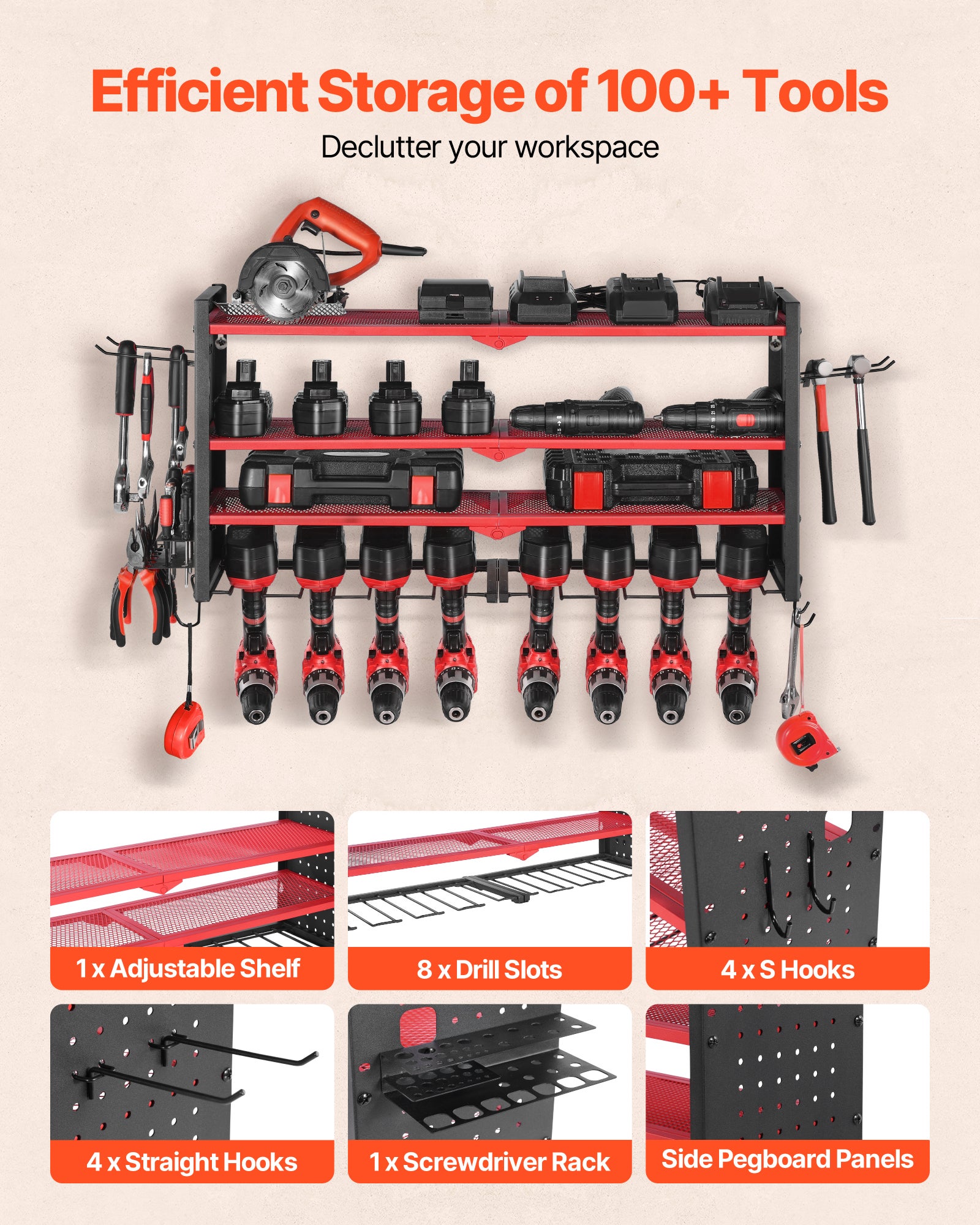 Organiseur mural outils électriques VEVOR, acier, 4 niveaux, 8 supports perceuse, panneaux perforés latéraux, étagère garage/atelier - 4