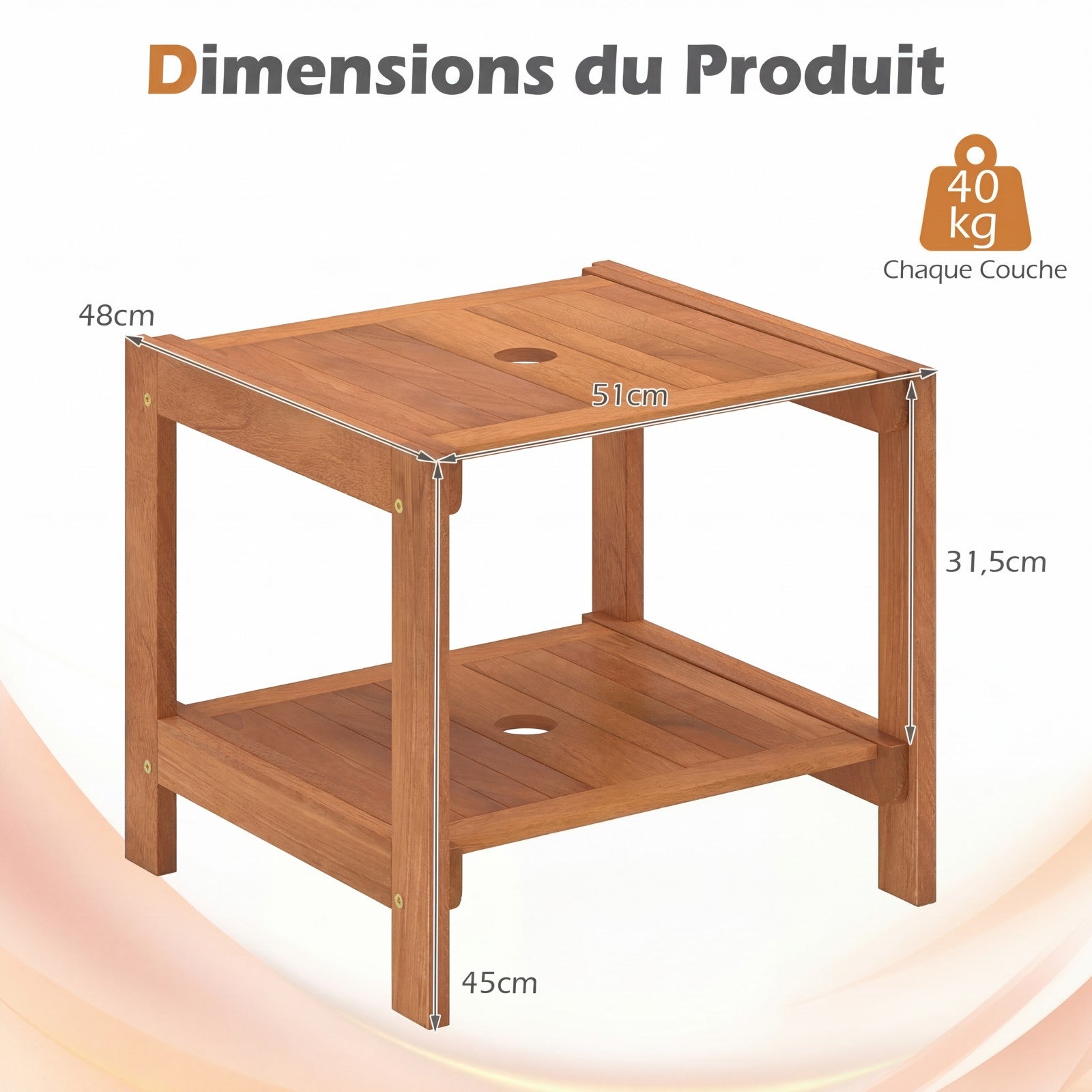 Table Basse Exterieur à 2 Niveaux, Table d’Appoint de Jardin en Bois, avec Trou pour Parasol, Plateau à Lattes, Naturel, 51 x 48 x 45 cm - 5