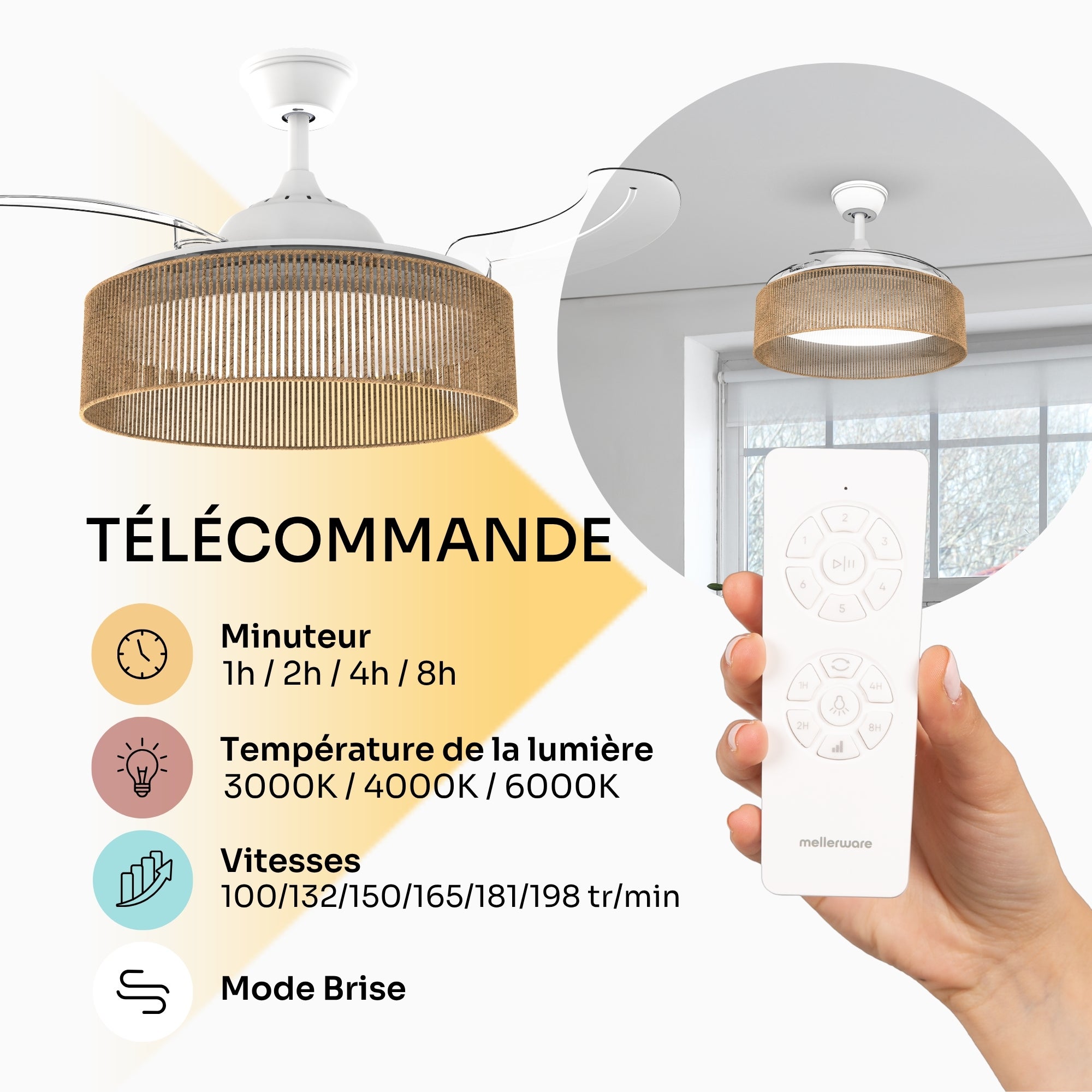 Ventilateur de plafond avec lumière LED réglable Mellerware - Brizy Bright Rattan, minuterie jusqu'à 8h, compatible avec plafonds inclinés. - 4