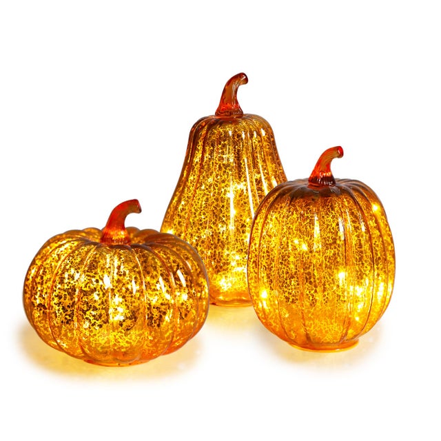 Lot de 3 citrouilles décoratives automnales, élégantes guirlandes lumineuses en verre pour Thanksgiving, centre de table à LED, dorées