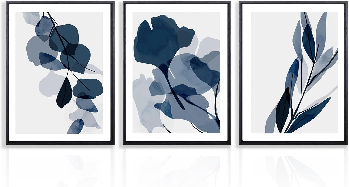 Abstrakcyjny plakat ścienny z motywem botanicznym, niebieskie wydruki roślinne, plakat ścienny z akwarelowymi kwiatami, 12x16 cali, zestaw 3 sztuk, be