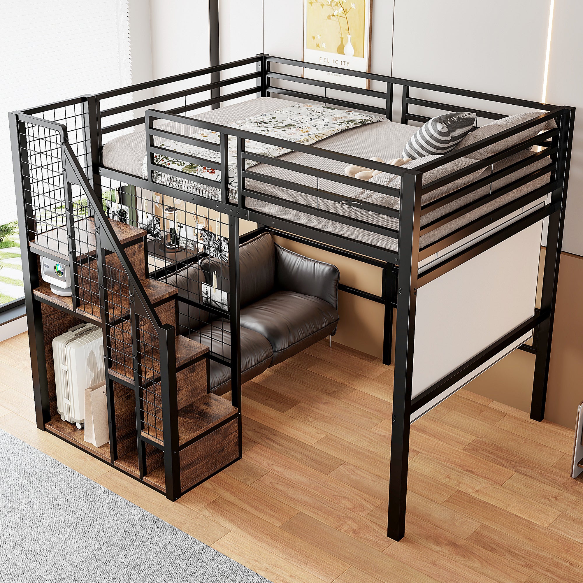 Lit mezzanine double 140×200cm, Avec espace de rangement, Lit enfant en fer, avec escalier de sécurité et garde-corps, Noir (matelas non inclus) - 5