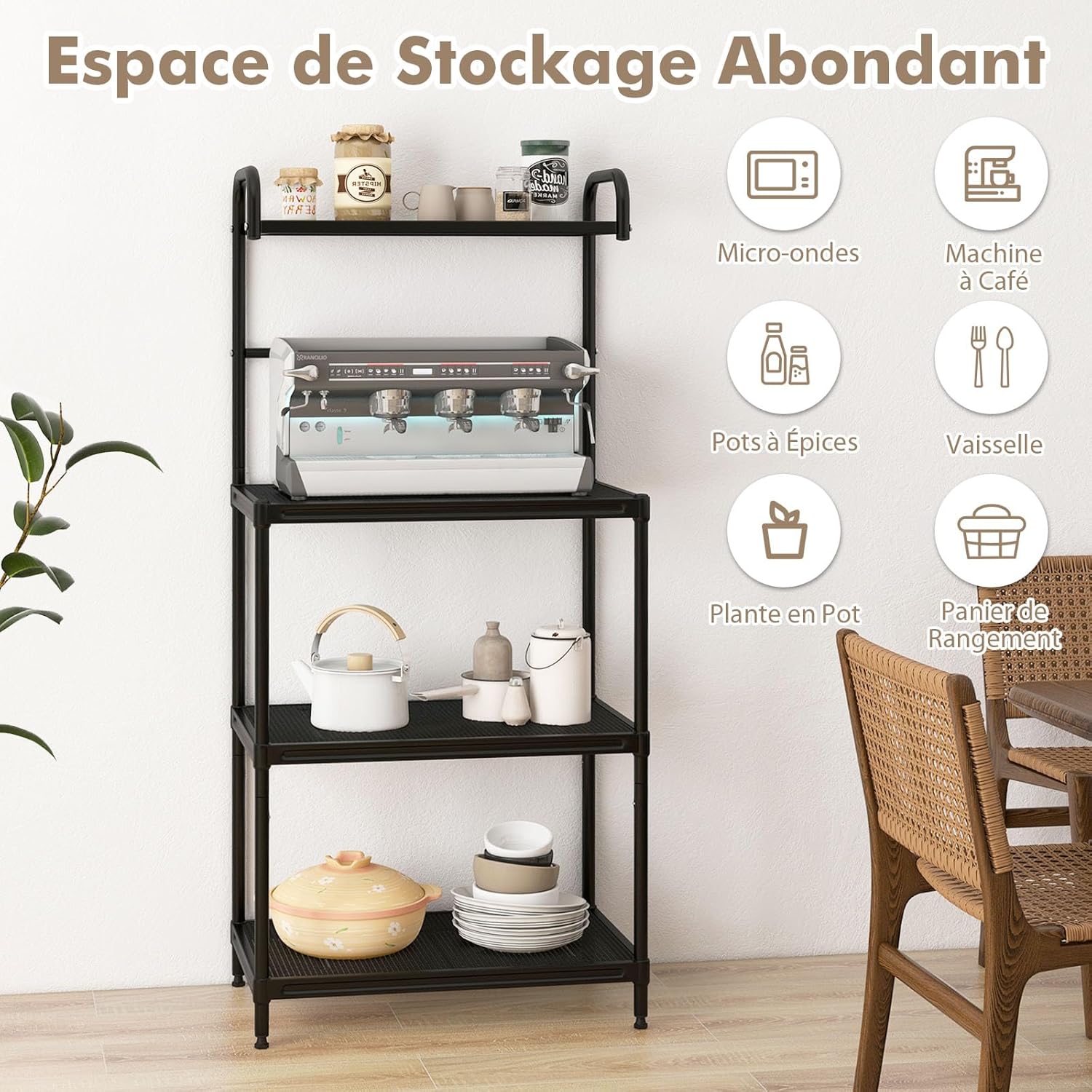 Étagère de Cuisine sur Pieds en Fer, Support de Rangement pour Four à Micro-Ondes de 4 Couches en Maille, Rack de Cuisine Métalliques (Noir) - 3
